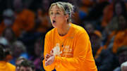 Tennessee Lady Vols head coach Kim Caldwell claps during a women's college basketball game between the Lady Vols and Mississippi State at Thompson-Boling Arena at Food City Center on Thursday, Jan. 16, 2025.