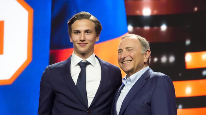 Jun 27, 2025; Los Angeles, California, USA; Victor Eklund is selected as the 16th overall pick to the New York Islanders in the first round of the 2025 NHL Draft at Peacock Theater. Mandatory Credit: Kirby Lee-Imagn Images