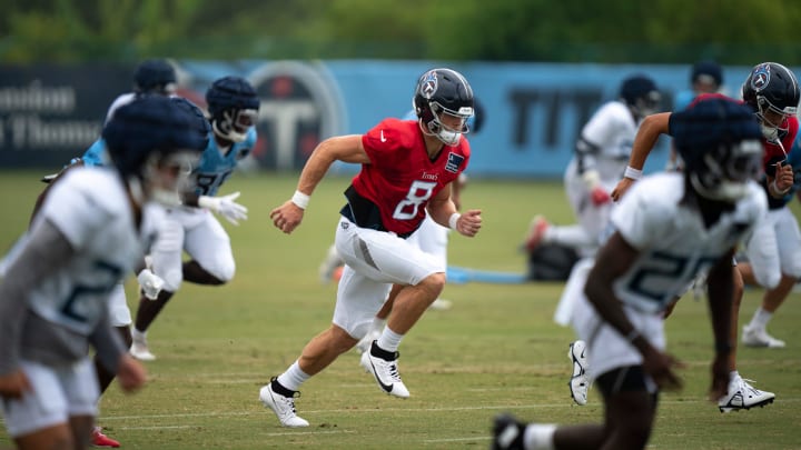 Tennessee Titans quarterback Will Levis (8) warms up during training camp at Ascension Saint Thomas Sports Park Wednesday, Aug. 7, 2024.