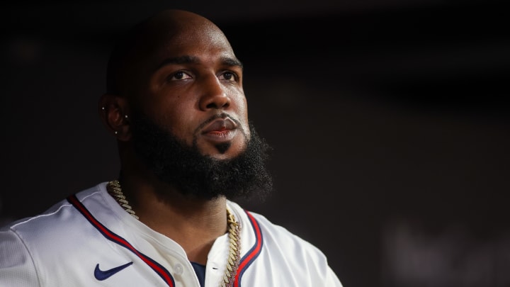 Aug 1, 2024; Atlanta, Georgia, USA; Atlanta Braves designated hitter Marcell Ozuna (20) in the dugout against the Miami Marlins in the fifth inning at Truist Park. Mandatory Credit: Brett Davis-USA TODAY Sports
