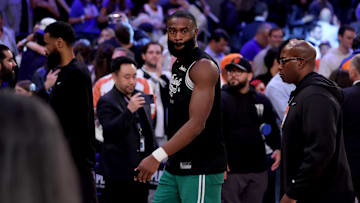 May 16, 2025; New York, New York, USA; Boston Celtics guard Jaylen Brown (7) walks off the court after losing to the New York Knicks in game six in the second round of the 2025 NBA Playoffs at Madison Square Garden. Mandatory Credit: Brad Penner-Imagn Images