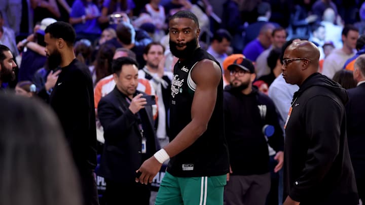 May 16, 2025; New York, New York, USA; Boston Celtics guard Jaylen Brown (7) walks off the court after losing to the New York Knicks in game six in the second round of the 2025 NBA Playoffs at Madison Square Garden. Mandatory Credit: Brad Penner-Imagn Images