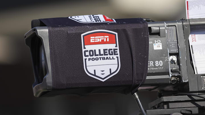 Sep 12, 2025; Houston, Texas, USA; General view of a television camera with an ESPN college football sleeve before the game between the Houston Cougars and the Colorado Buffaloes at TDECU Stadium. Mandatory Credit: Troy Taormina-Imagn Images
