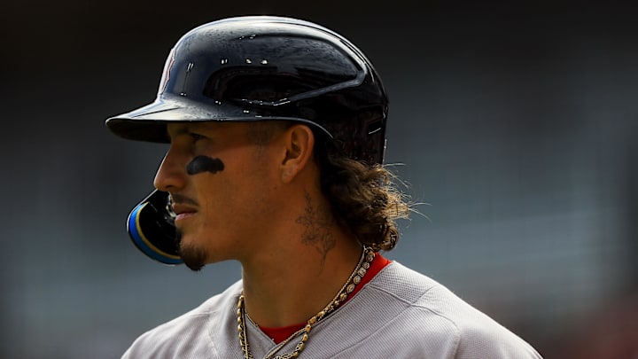 Mar 29, 2026; Cincinnati, Ohio, USA; Boston Red Sox outfielder Jarren Duran (16) prepares on deck in the third inning against the Cincinnati Reds at Great American Ball Park. Mandatory Credit: Katie Stratman-Imagn Images