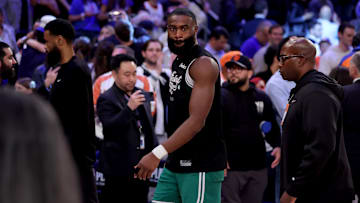 May 16, 2025; New York, New York, USA; Boston Celtics guard Jaylen Brown (7) walks off the court after losing to the New York Knicks in game six in the second round of the 2025 NBA Playoffs at Madison Square Garden. Mandatory Credit: Brad Penner-Imagn Images