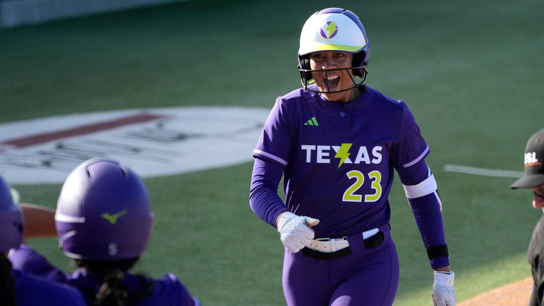 Tiare Jennings of the Texas Volts celebrates after hitting a home run during an AUSL softball game between the Oklahoma City Spark and the Texas Volts at Oklahoma Christian University, Tuesday, June 9, 2026. Tiare Jennings of the Texas Volts celebrates after hitting a home run during an AUSL softball game between the Oklahoma City Spark and the Texas Volts at Oklahoma Christian University, Tuesday, June 9, 2026.