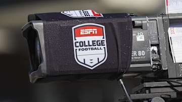Sep 12, 2025; Houston, Texas, USA; General view of a television camera with an ESPN college football sleeve before the game between the Houston Cougars and the Colorado Buffaloes at TDECU Stadium. Mandatory Credit: Troy Taormina-Imagn Images