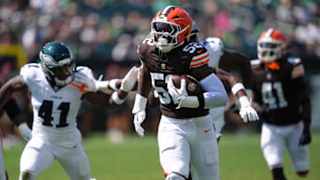 Aug 16, 2025; Philadelphia, Pennsylvania, USA; Cleveland Browns defensive lineman K.J. Henry (52) returns an interception for a touchdown against the Philadelphia Eagles in the second half at Lincoln Financial Field. Mandatory Credit: Kyle Ross-Imagn Images
