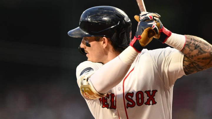 Aug 27, 2024; Boston, Massachusetts, USA; Boston Red Sox center fielder Jarren Duran (16) bats against the Toronto Blue Jays during the first inning at Fenway Park.