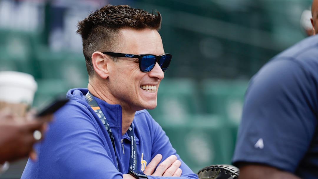 Oct 4, 2025; Seattle, Washington, USA; Jerry Dipoto looks on before game one of the ALDS round between the Seattle Mariners and Detroit Tigers for the 2025 MLB playoffs at T-Mobile Park. Mandatory Credit: Joe Nicholson-Imagn Images
