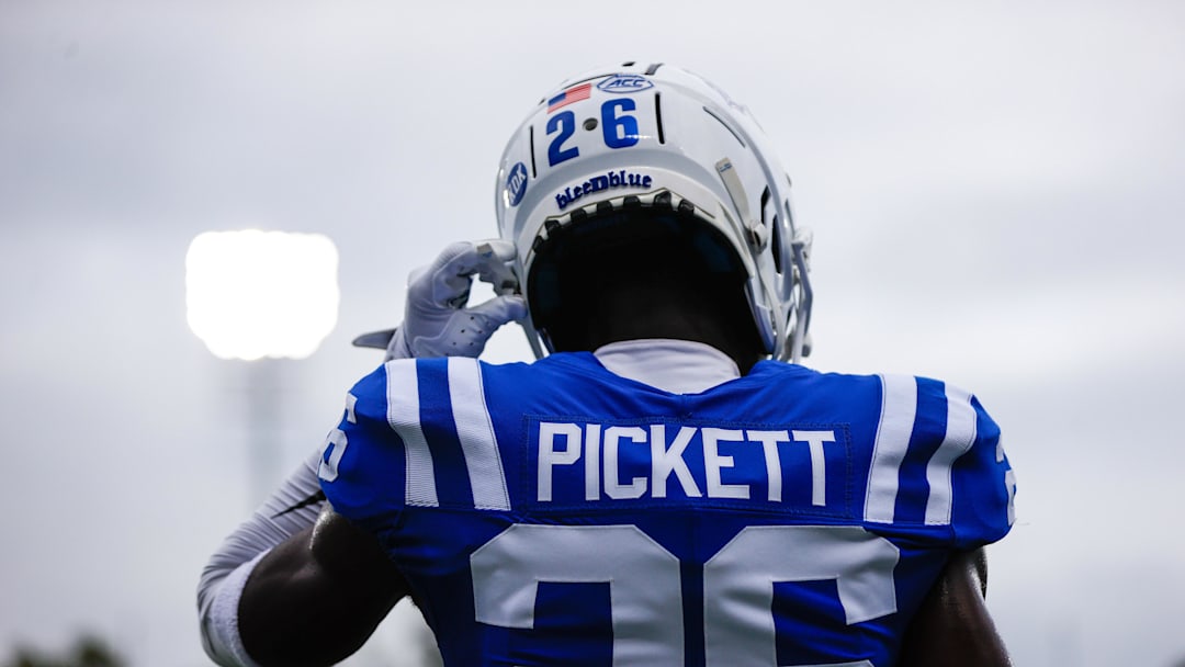 Sep 14, 2024; Durham, North Carolina, USA;  Duke Blue Devils cornerback Joshua Pickett (26) warms up before a game against the UConn Huskies at Wallace Wade Stadium. Mandatory Credit: Jaylynn Nash-Imagn Images