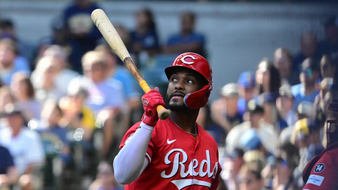 Sep 28, 2025; Milwaukee, Wisconsin, USA; Cincinnati Reds designated hitter Miguel Andujar (38) reacts after striking out in the first inning against the Milwaukee Brewers at American Family Field. Mandatory Credit: Benny Sieu-Imagn Images
