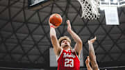 Nebraska big Andrew Morgan shoots against Murray State at the Diamond Head Classic in Hawai'i.