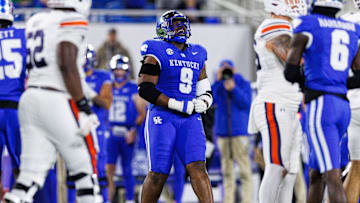 Oct 26, 2024; Lexington, Kentucky, USA; Kentucky Wildcats defensive lineman Keeshawn Silver (9) celebrates after a missed field goal by the Auburn Tigers during the third quarter at Kroger Field. Mandatory Credit: Jordan Prather-Imagn Images