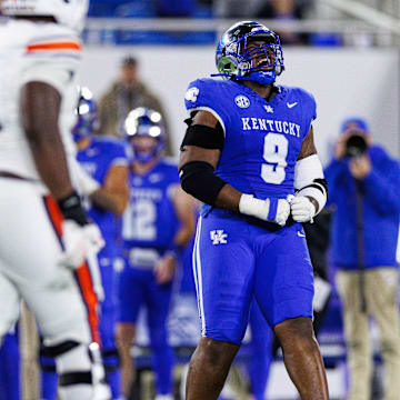 Oct 26, 2024; Lexington, Kentucky, USA; Kentucky Wildcats defensive lineman Keeshawn Silver (9) celebrates after a missed field goal by the Auburn Tigers during the third quarter at Kroger Field. Mandatory Credit: Jordan Prather-Imagn Images