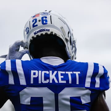 Sep 14, 2024; Durham, North Carolina, USA;  Duke Blue Devils cornerback Joshua Pickett (26) warms up before a game against the UConn Huskies at Wallace Wade Stadium. Mandatory Credit: Jaylynn Nash-Imagn Images