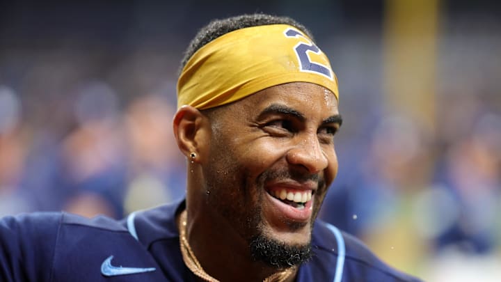 Sep 9, 2023; St. Petersburg, Florida, USA;  Tampa Bay Rays first baseman Yandy Diaz (2) celebrates after hitting  a walk off two-run home run against the Seattle Mariners in the ninth inning at Tropicana Field. Mandatory Credit: Nathan Ray Seebeck-Imagn Images