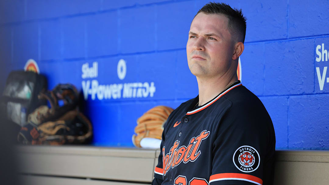 Mar 14, 2026; Dunedin, Florida, USA;  Detroit Tigers starting pitcher Tarik Skubal (29) looks on from the dugout during the first inning against the Toronto Blue Jays at TD Ballpark. Mandatory Credit: Kim Klement Neitzel-Imagn Images
