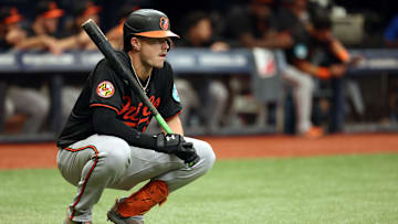 Aug 11, 2024; St. Petersburg, Florida, USA;  Baltimore Orioles first base Ryan Mountcastle (6) looks on while on deck to bat against the Tampa Bay Rays during the first inning at Tropicana Field. Mandatory Credit: Kim Klement Neitzel-Imagn Images