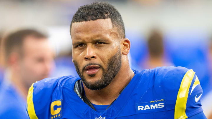 October 15, 2023; Inglewood, California, USA; Los Angeles Rams defensive tackle Aaron Donald (99) during the fourth quarter against the Arizona Cardinals at SoFi Stadium. Mandatory Credit: Kyle Terada-USA TODAY Sports