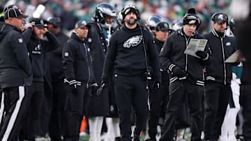 Jan 26, 2025; Philadelphia, PA, USA; Philadelphia Eagles head coach Nick Sirianni and offensive coordinator Kellen Moore during the first half in the NFC Championship game at Lincoln Financial Field.