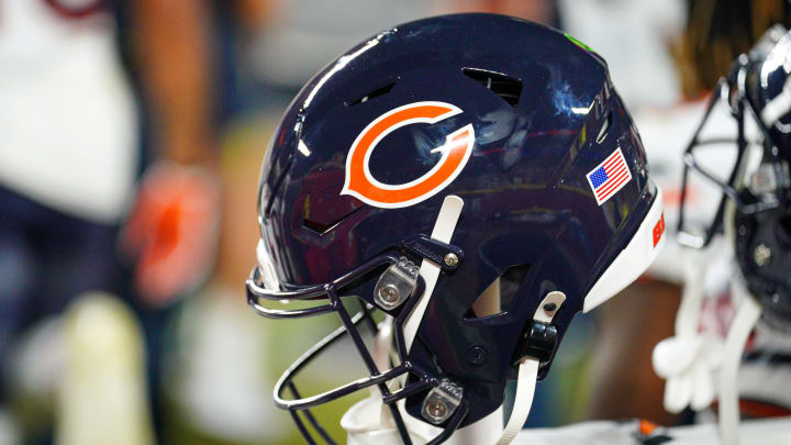 Aug 22, 2024; Kansas City, Missouri, USA; A general view of a Chicago Bears helmet against the Kansas City Chiefs during the second half at GEHA Field at Arrowhead Stadium. Mandatory Credit: Denny Medley-USA TODAY Sports