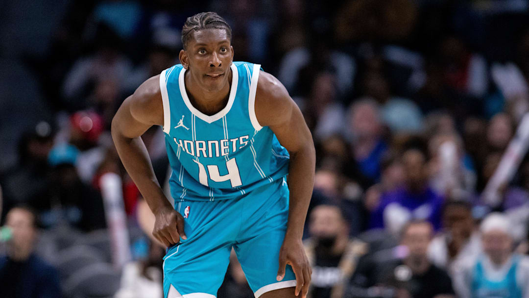 Mar 8, 2025; Charlotte, North Carolina, USA; Charlotte Hornets forward Moussa Diabate (14) looks on during the third quarter against the Brooklyn Nets at Spectrum Center. Mandatory Credit: Scott Kinser-Imagn Images Mar 8, 2025; Charlotte, North Carolina, USA; Charlotte Hornets forward Moussa Diabate (14) looks on during the third quarter against the Brooklyn Nets at Spectrum Center. Mandatory Credit: Scott Kinser-Imagn Images
