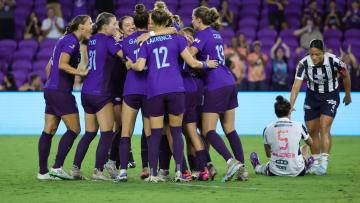 Jul 27, 2024; Orlando, Florida, USA; Orlando Pride celebrate a gaol in the second half against Rayadas de Monterrey  at Inter&Co Stadium. Mandatory Credit: Mike Watters-USA TODAY Sports