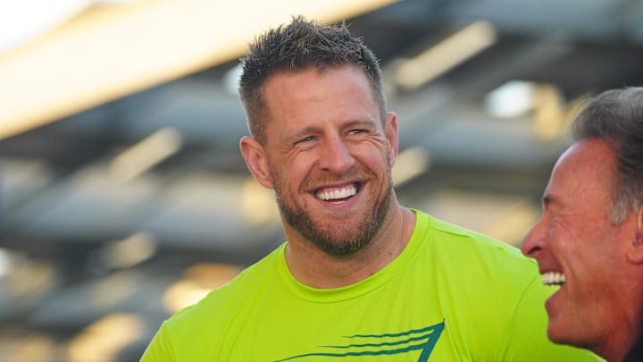 Retired Arizona Cardinal J.J. Watt speaks with the press during the 19th annual Pat's Run outside Sun Devil Stadium in Tempe on April 15, 2023.

Running Pat S Run J J Watt