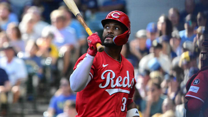 Sep 28, 2025; Milwaukee, Wisconsin, USA; Cincinnati Reds designated hitter Miguel Andujar (38) reacts after striking out in the first inning against the Milwaukee Brewers at American Family Field. Mandatory Credit: Benny Sieu-Imagn Images