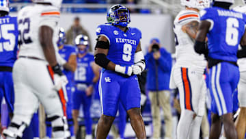 Oct 26, 2024; Lexington, Kentucky, USA; Kentucky Wildcats defensive lineman Keeshawn Silver (9) celebrates after a missed field goal by the Auburn Tigers during the third quarter at Kroger Field. Mandatory Credit: Jordan Prather-Imagn Images
