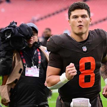 Oct 19, 2025; Cleveland, Ohio, USA; Cleveland Browns quarterback Dillon Gabriel (8) celebrates after the Browns beat the Miami Dolphins at Huntington Bank Field. Mandatory Credit: Ken Blaze-Imagn Images