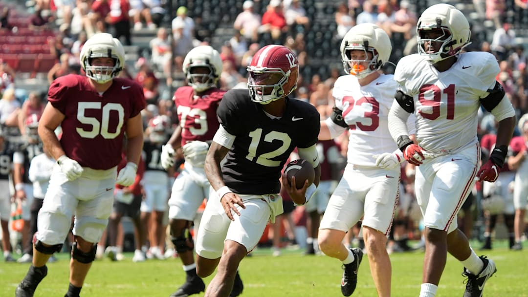 April 11, 2026; Tuscaloosa, AL, USA; Alabama quarterback Keelon Russell runs the ball at Bryant-Denny Stadium during the Alabama A Day scrimmage.