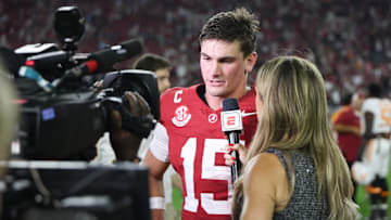 Oct 18, 2025; Tuscaloosa, Alabama, USA; Alabama Crimson Tide quarterback Ty Simpson (15) is interviewed after the game against the Tennessee Volunteers at Saban Field at Bryant-Denny Stadium. Mandatory Credit: David Leong-Imagn Images