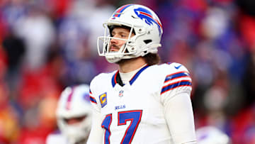 Jan 26, 2025; Kansas City, MO, USA; Buffalo Bills quarterback Josh Allen (17) practices before the AFC Championship game against the Kansas City Chiefs at GEHA Field at Arrowhead Stadium. Mandatory Credit: Mark J. Rebilas-Imagn Images