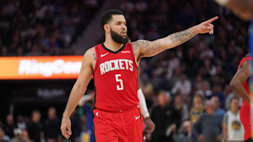 Apr 6, 2025; San Francisco, California, USA; Houston Rockets guard Fred VanVleet (5) stands on the court during a break in the action against the Golden State Warriors in the third quarter at the Chase Center. Mandatory Credit: Cary Edmondson-Imagn Images