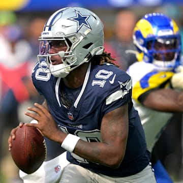 Dallas Cowboys quarterback Joe Milton looks to pass during the first half against the Los Angeles Rams.