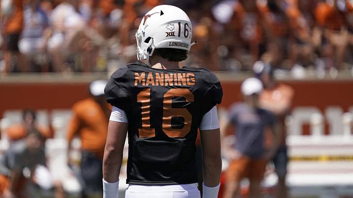 Apr 15, 2023; Austin, TX, USA; Texas Longhorns quarterback Arch Manning (16) looks to the bench for a play call during the first half of the Texas Spring Game at DKR- Texas Memorial Stadium. Mandatory Credit: Scott Wachter-Imagn Images