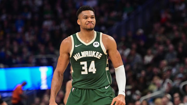 Milwaukee Bucks forward Giannis Antetokounmpo (34) reacts after scoring a basket in the second quarter against the Orlando Magic.