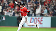 Aug 30, 2025; Cleveland, Ohio, USA; Cleveland Guardians first baseman Kyle Manzardo (9) rounds the bases after hitting a home run against the Seattle Mariners during the sixth inning at Progressive Field. Mandatory Credit: Ken Blaze-Imagn Images