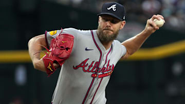Apr 25, 2025; Phoenix, Arizona, USA; Atlanta Braves pitcher Chris Sale (51) throws against the Arizona Diamondbacks in the first inning at Chase Field. Mandatory Credit: Rick Scuteri-Imagn Images
