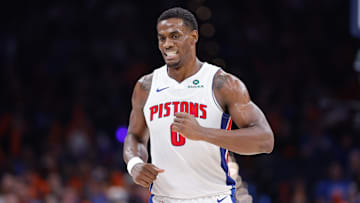 Apr 2, 2025; Oklahoma City, Oklahoma, USA; Detroit Pistons center Jalen Duren (0) runs down the court against the Oklahoma City Thunder during the second half at Paycom Center. Mandatory Credit: Alonzo Adams-Imagn Images