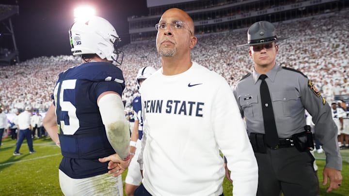 Penn State Nittany Lions head coach James Franklin and quarterback Drew Allar react after losing to the Oregon Ducks at Beaver Stadium. Penn State Nittany Lions head coach James Franklin and quarterback Drew Allar react after losing to the Oregon Ducks at Beaver Stadium.