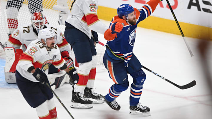 Jun 4, 2025; Edmonton, Alberta, CAN; Edmonton Oilers center Leon Draisaitl (29) reacts after scoring the game winning goal in overtime against the Florida Panthers in game one of the 2025 Stanley Cup Final at Rogers Place. Mandatory Credit: Walter Tychnowicz-Imagn Images