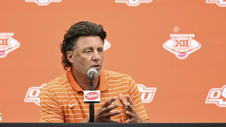 Jul 9, 2024; Las Vegas, NV, USA; Oklahoma State Cowboys head coach Mike Gundy speaks to the media during the Big 12 Media Days at Allegiant Stadium. Mandatory Credit: Candice Ward-USA TODAY Sports