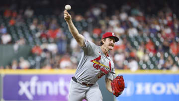 Jun 5, 2024; Houston, Texas, USA; St. Louis Cardinals starting pitcher Miles Mikolas (39) delivers a pitch during the second inning against the Houston Astros at Minute Maid Park. Mandatory Credit: Troy Taormina-USA TODAY Sports