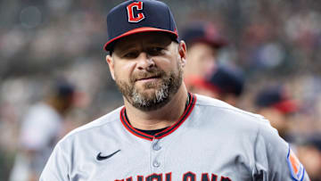 Aug 19, 2025; Phoenix, Arizona, USA; Cleveland Guardians manager Stephen Vogt in the first inning against the Arizona Diamondbacks at Chase Field. Mandatory Credit: Mark J. Rebilas-Imagn Images