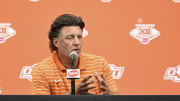 Jul 9, 2024; Las Vegas, NV, USA; Oklahoma State Cowboys head coach Mike Gundy speaks to the media during the Big 12 Media Days at Allegiant Stadium. Mandatory Credit: Candice Ward-USA TODAY Sports