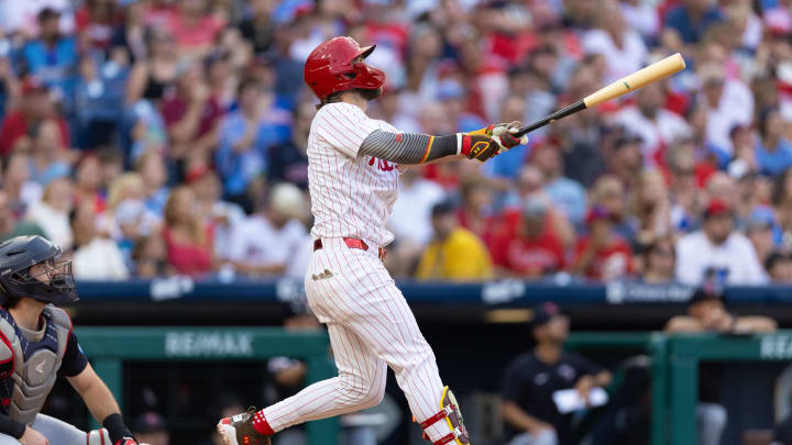 Jul 27, 2024; Philadelphia, Pennsylvania, USA;  Philadelphia Phillies first base Bryce Harper (3) hits a two RBI home run during the fourth inning against the Cleveland Guardians at Citizens Bank Park. Mandatory Credit: Bill Streicher-USA TODAY Sports