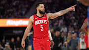 Apr 6, 2025; San Francisco, California, USA; Houston Rockets guard Fred VanVleet (5) stands on the court during a break in the action against the Golden State Warriors in the third quarter at the Chase Center. Mandatory Credit: Cary Edmondson-Imagn Images